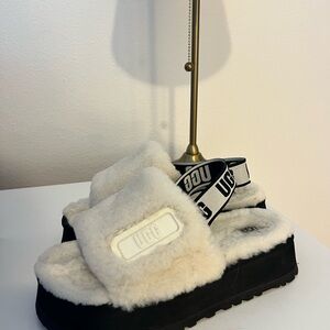 UGG Cream Fluffy Slippers with Black Platform